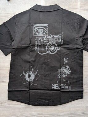 NOHOURS Button Up Shirt XL Black Skull Graphic Short Sleeve Camp Collar NWT